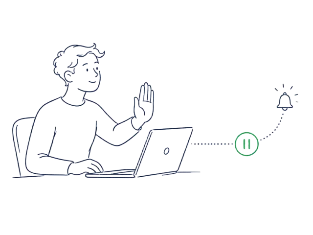 Line illustration of a person raising a hand to pause an automated sequence with an alert bell