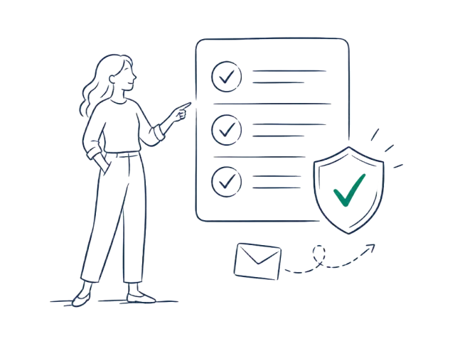 Line illustration of a person reviewing a checklist with a shield before an email is sent